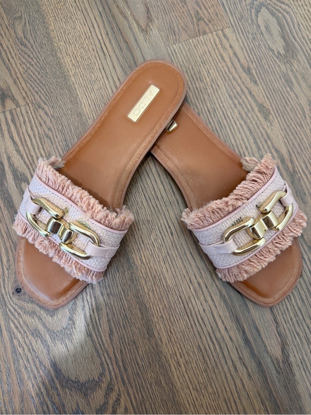 ALDO Blush Pink Fringe Slide Sandals with Gold Chain